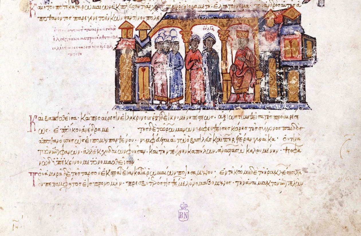 Wielka Księżna Olga zwiedzająca Miniaturę Konstantyna VII z madryckiego Skylitzes, XI-XII wiek autorstwa Unbekannt