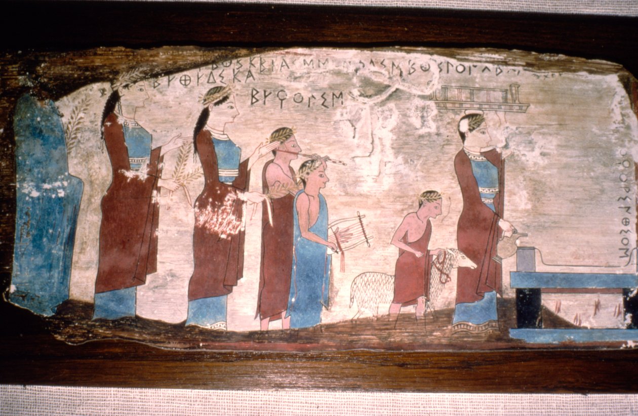 Greccy muzycy w ofierze, malowany na drewnie, c520BC-c500 BC autorstwa Unbekannt