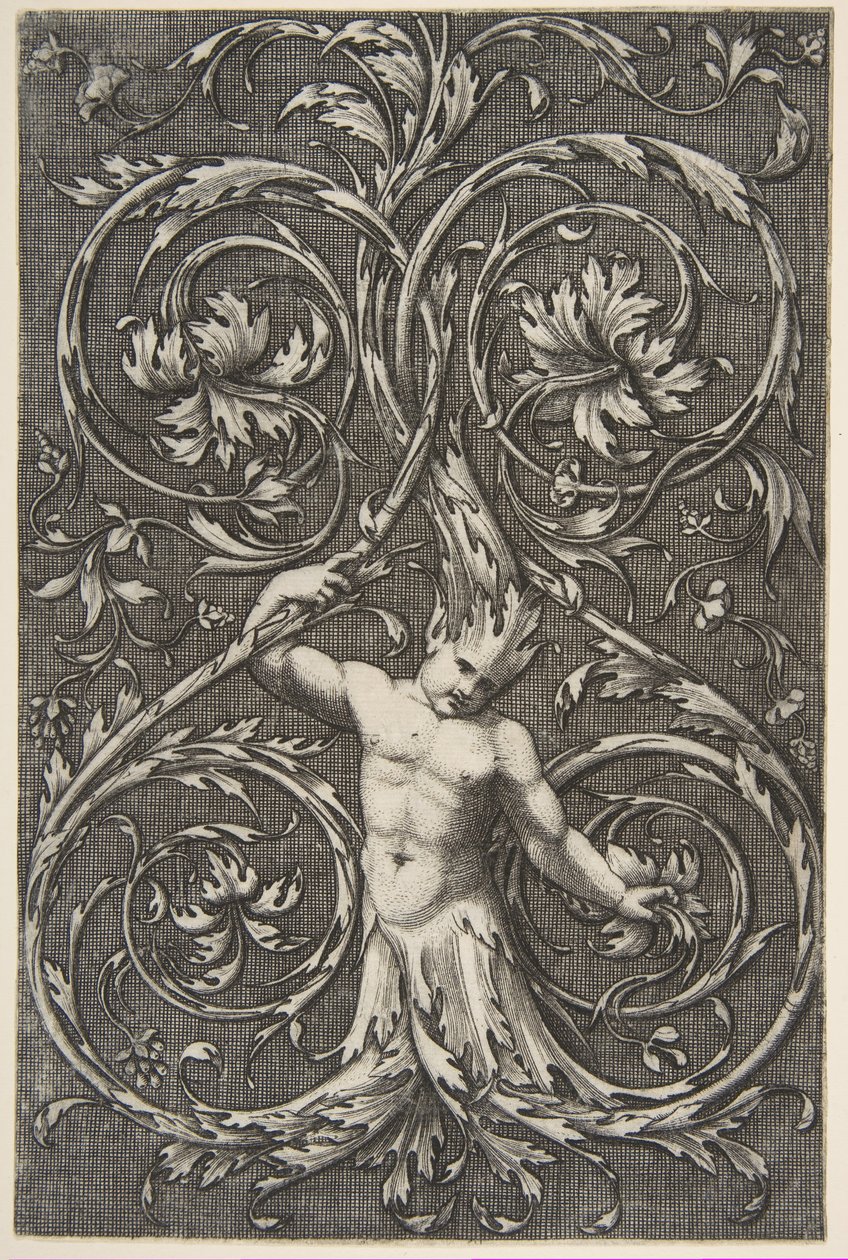 Groteska z męską postacią z dolną częścią ciała i głową ze zwojów akantu, ok. 1900 r. 1515-1600. autorstwa Unbekannt