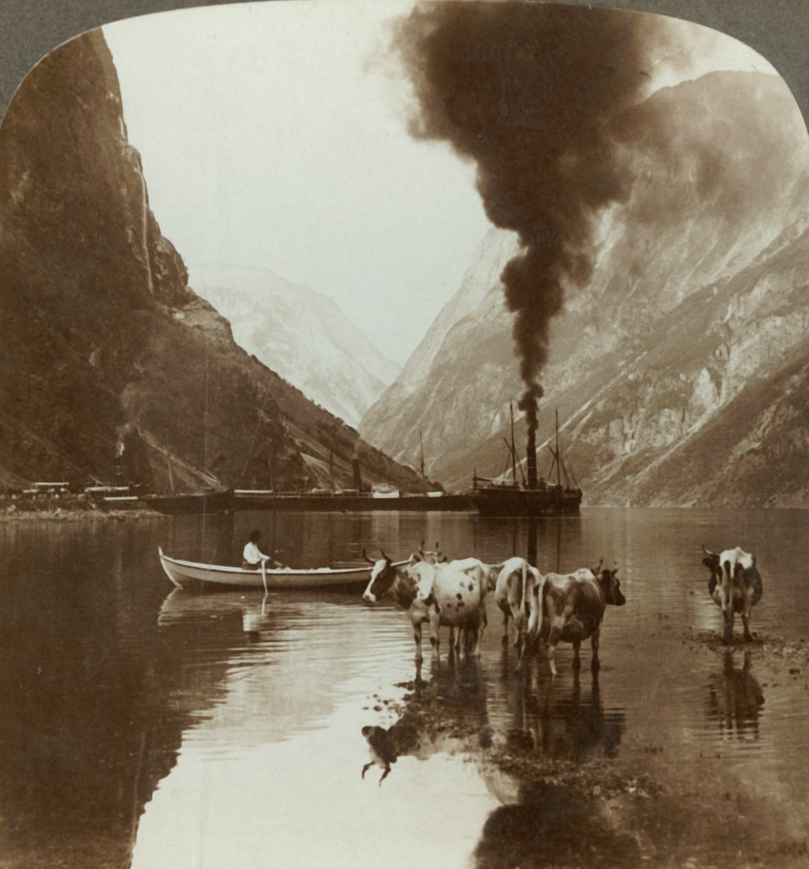 Gudvangens widok na Naerofjord, gdzie morze sięga daleko wśród gór, Norwegia, autorstwa Unbekannt