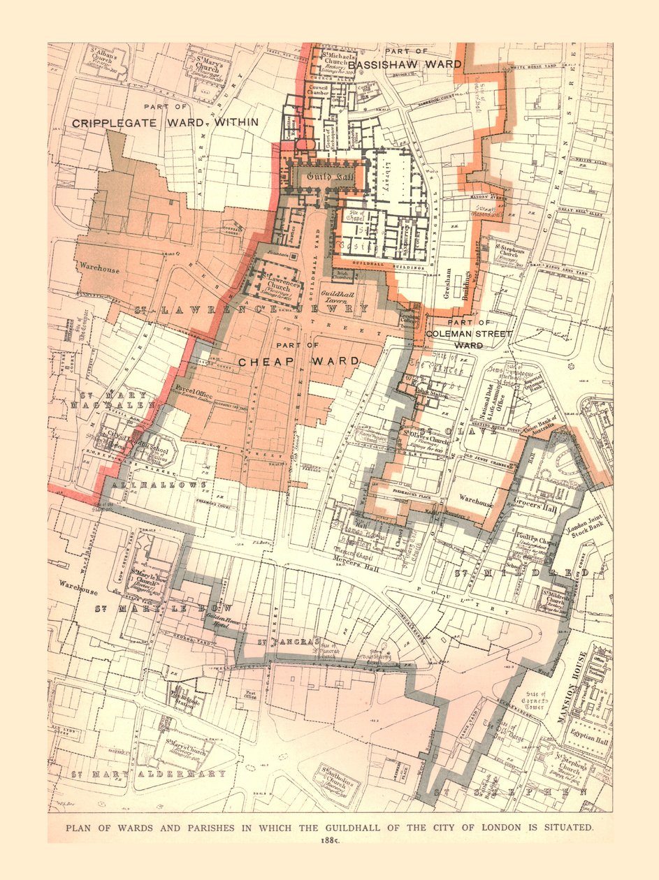 Guildhall City of London. Plan okręgów i parafii, 1885, 1886 autorstwa Unbekannt