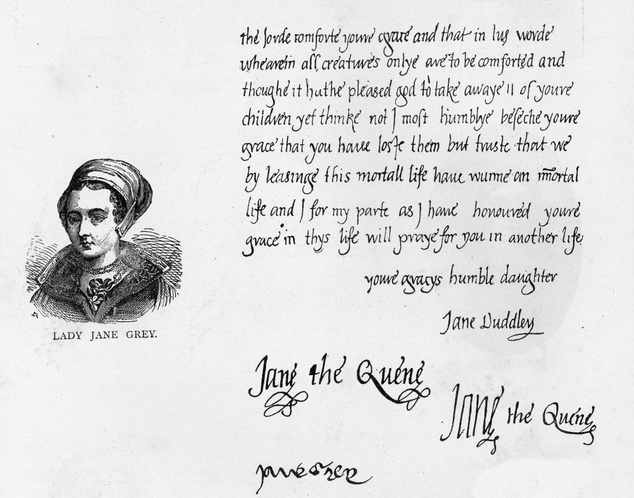 Pismo i podpisy Lady Jane Gray jako królowej z listem podpisanym przez Jane Dudley i napisanym do jej ojca, księcia Suffolk, tuż przed jej egzekucją autorstwa Unbekannt