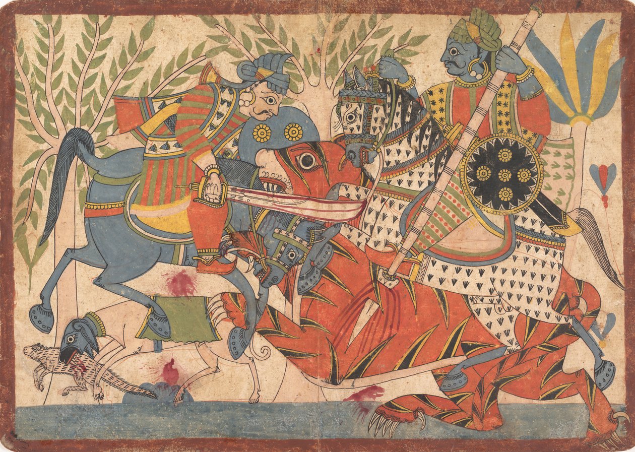 Harishchandra i jego minister zabijający tygrysa folio z serii Harishchandra, 1800-1850. autorstwa Unbekannt