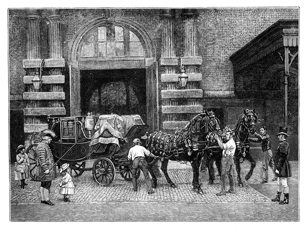 Zaprzęganie czarnych koni w Royal Mews, Pałac Buckingham, Londyn, ok. 1888 r. autorstwa Unbekannt