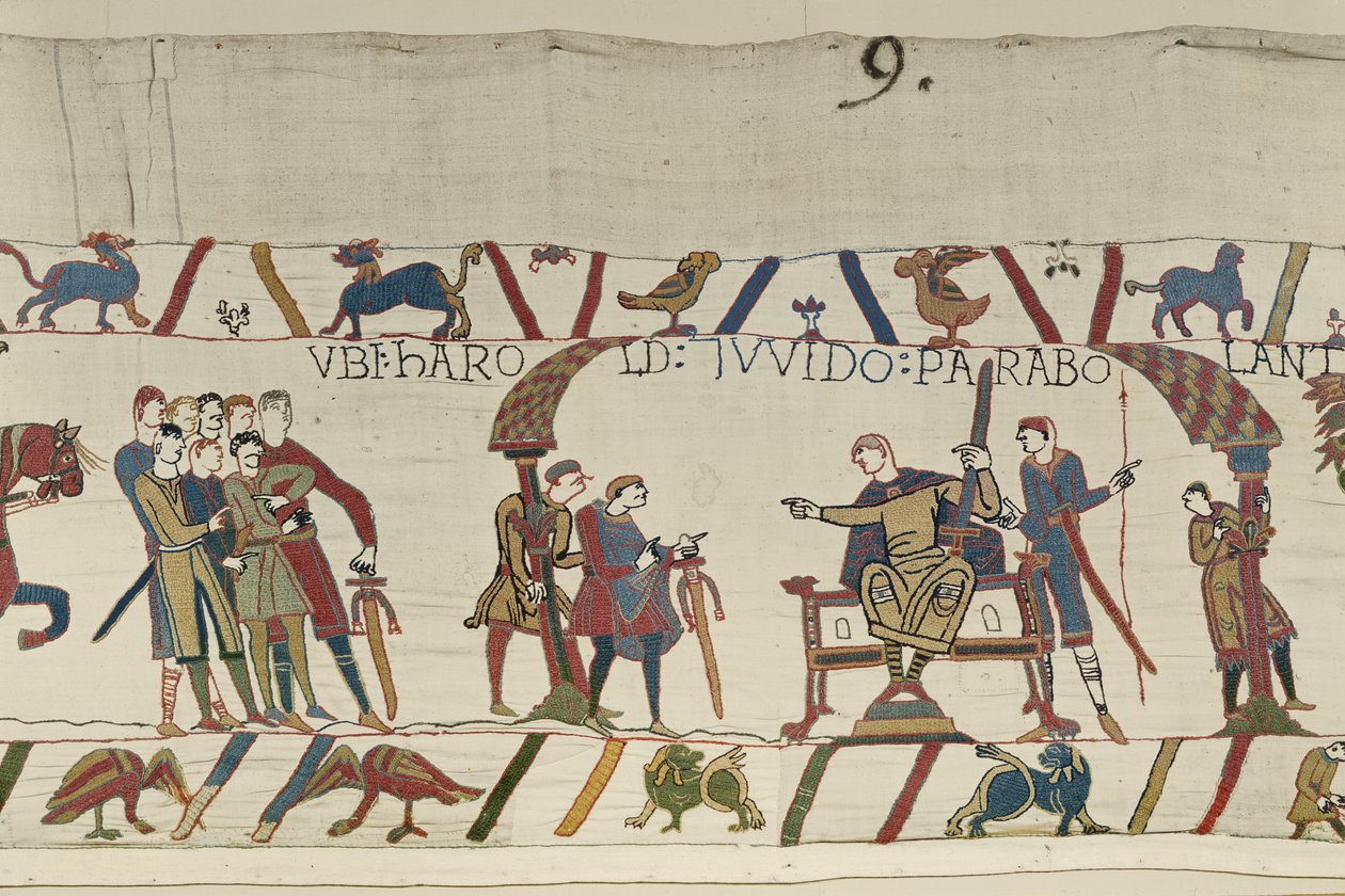 Harold i hrabia Guy z Ponthieu rozmawiają w Beaurain, Bayeux Tapestry (haft z wełny na płótnie) autorstwa Unbekannt