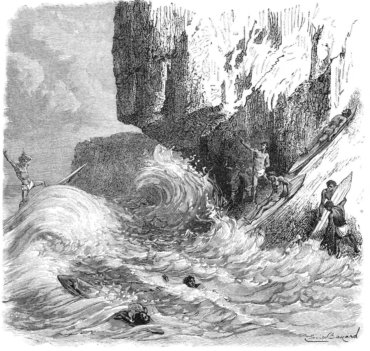 Hawajczycy surfujący na drewnianych deskach, ok. 1895 r. autorstwa Unbekannt