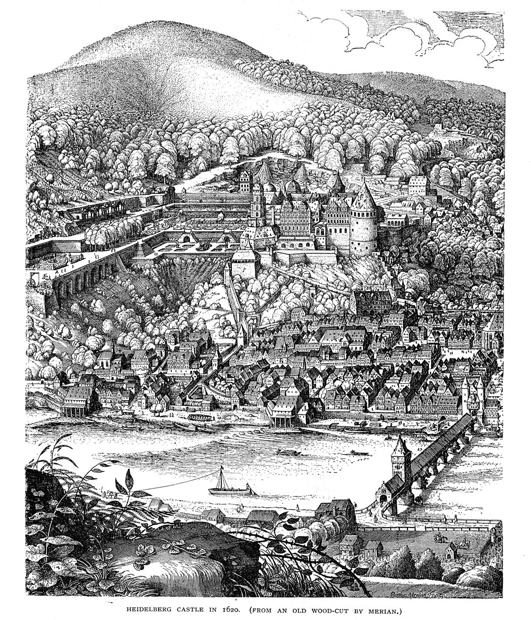 Zamek i miasto Heidelberg widziane po drugiej stronie rzeki Neckar, Niemcy, 1620 r. autorstwa Unbekannt