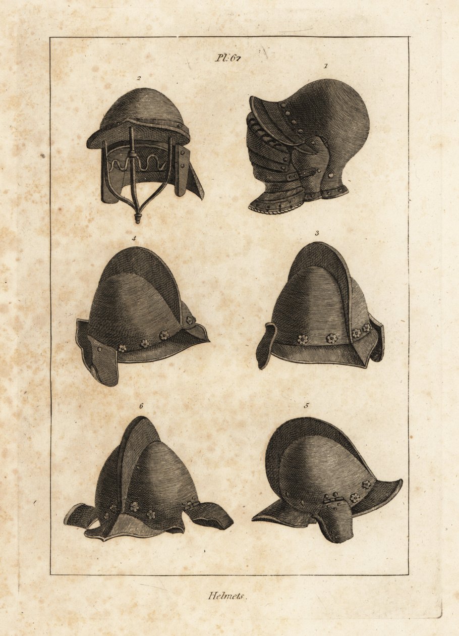 Hełm z otwieranym w dół beverem w Tower of London 1, hełm z podwójną belką 2 i salet z oreilletami lub nausznikami 3-6 autorstwa Unbekannt