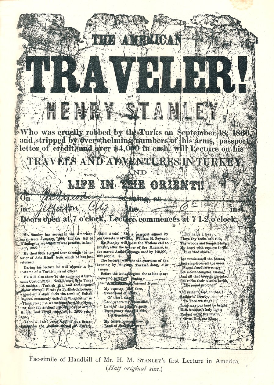Henry M.Stanley, Handbill z Lecture Tour w Ameryce, W wieku 31 lat odkrył Dr.Livingstone w Afryce autorstwa Unbekannt