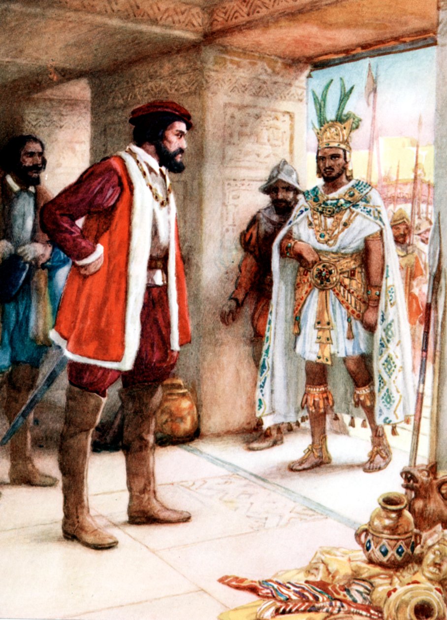 Hernan Cortes spotykający się z cesarzem Azteków Montezumą, 1519 autorstwa Unbekannt