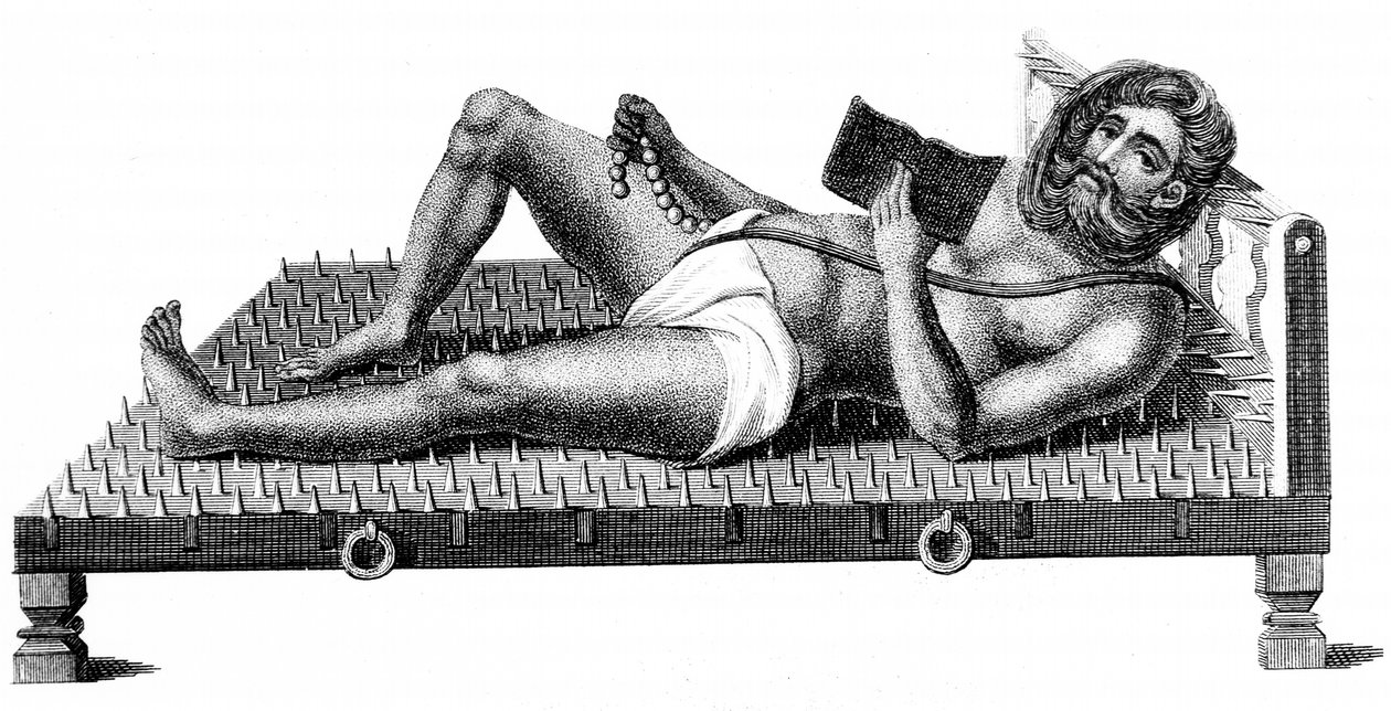 Hinduski filozof Pararum Soatuntre Perkasanund leżący na łożu z żelaznych kolców, 1811 autorstwa Unbekannt