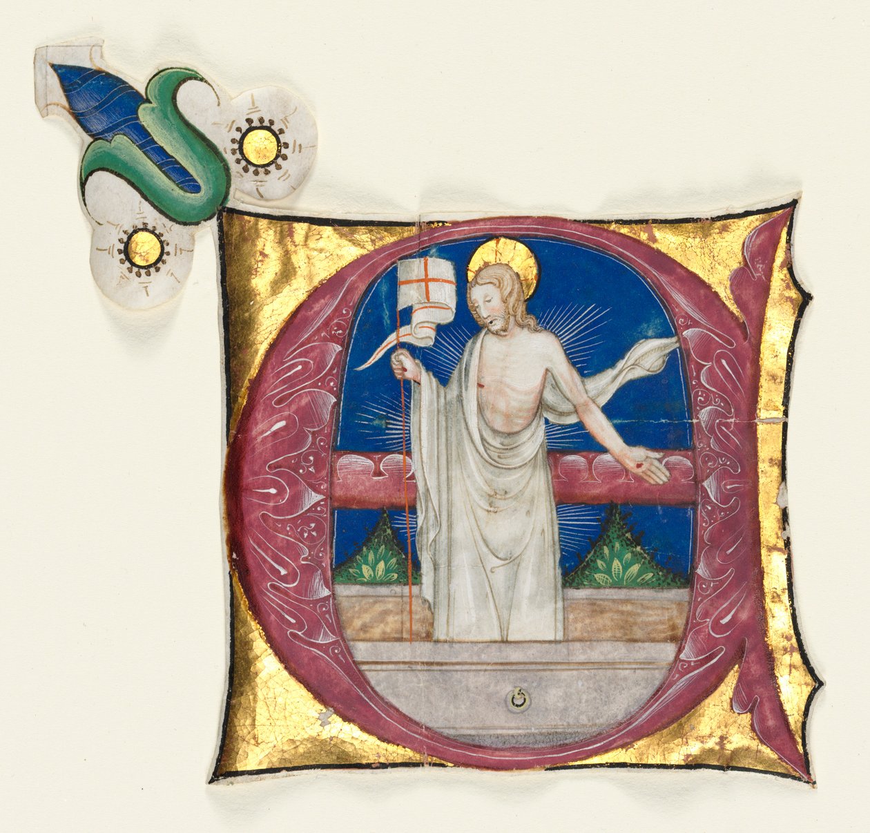 Historyczny inicjał E wycięty z antyfonarza: Zmartwychwstały Chrystus w grobie 1420-1450. autorstwa Unbekannt