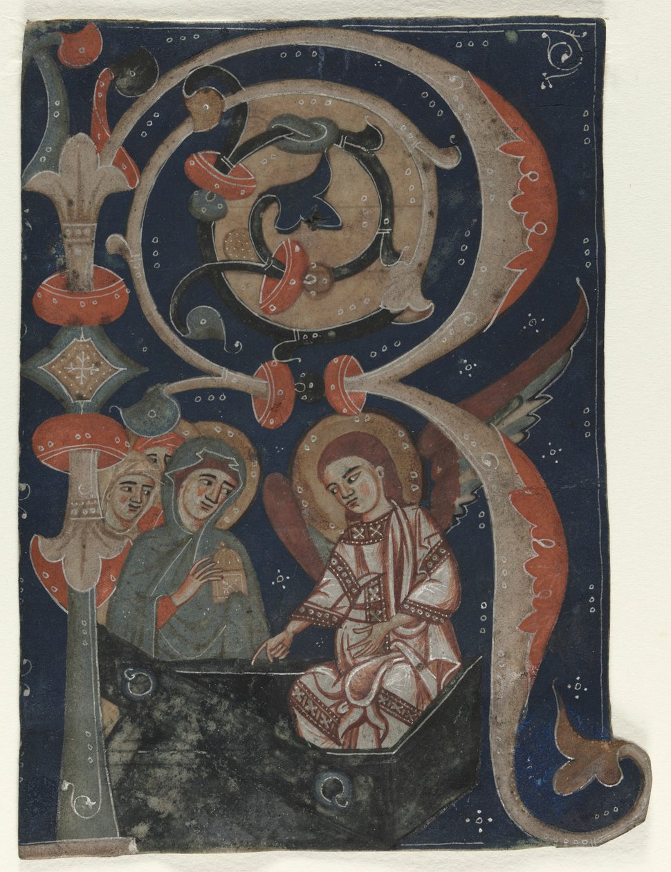Historyczny inicjał R wycięty z graduału: Trzy Marie przy grobie, c. 1200-1230. autorstwa Unbekannt