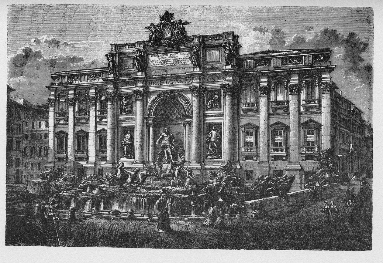 Historia starożytnego Rzymu. Fontanna di Trevi to fontanna w dzielnicy di Trevi w Rzymie we Włoszech, zaprojektowana przez włoskiego architekta Nicola Salvi i ukończona przez Pietro Bracciego. autorstwa Unbekannt