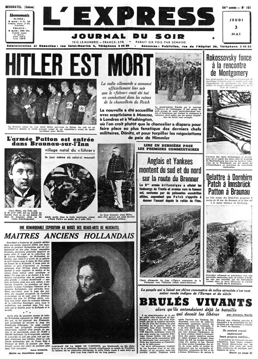 Hitler nie żyje, pierwsza strona gazety LExpress, 3 maja 1945 r. autorstwa Unbekannt