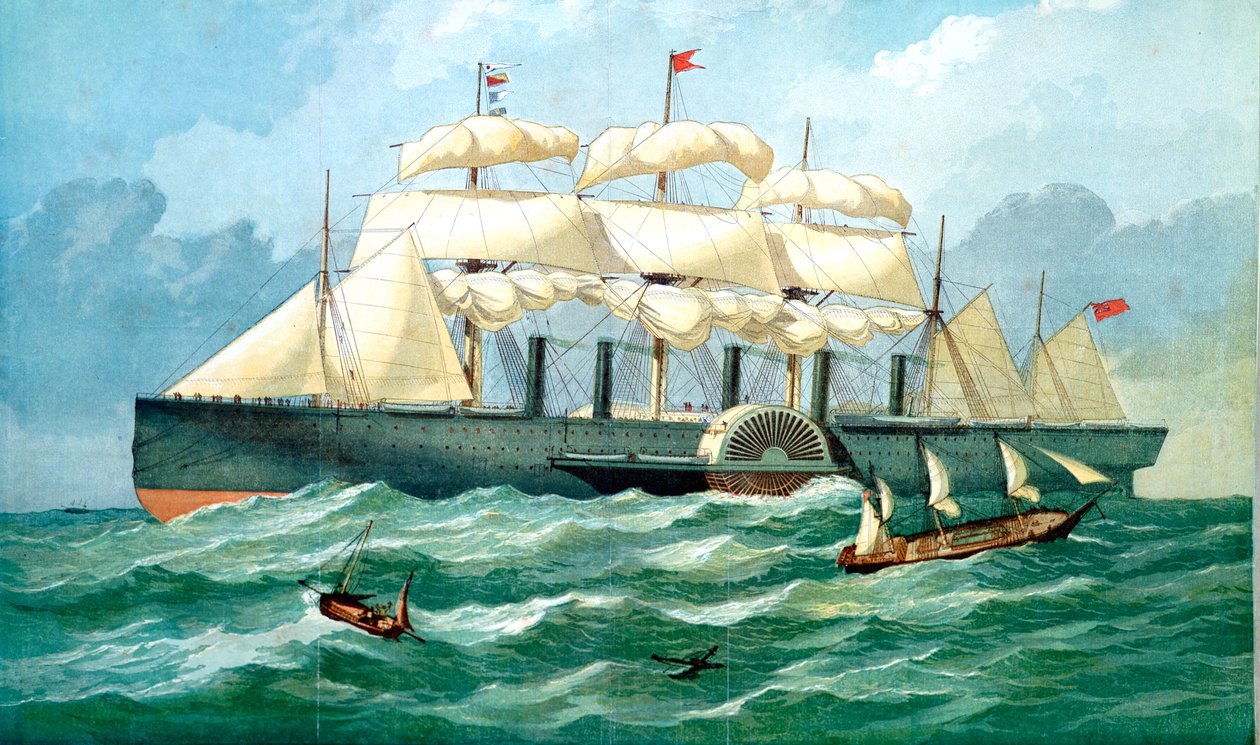 Parowiec IK Brunela Great Eastern pokazujący obudowę koła łopatkowego i żagle, 1857 autorstwa Unbekannt