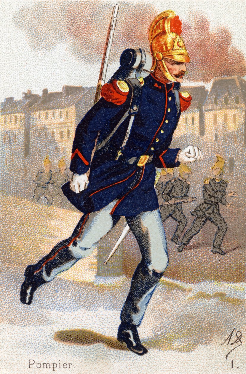 Ja: Strażak. Grawerowanie w "Alfabecie wojskowym". Inicjały ilustratora: A. D. Wydawca nieznany. Chromolitografie z końca XIX wieku. Wymiary: 10,5x7cm . autorstwa Unbekannt