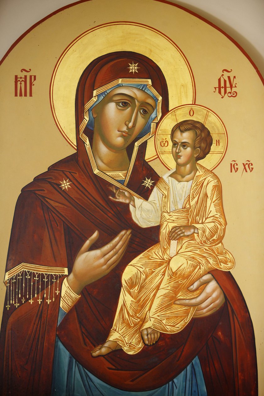 Ikona w rosyjskiej cerkwi Marii Magdaleny na Górze Oliwnej : Dziewica z Dzieciątkiem, Jerozolima, Izrael autorstwa Unbekannt