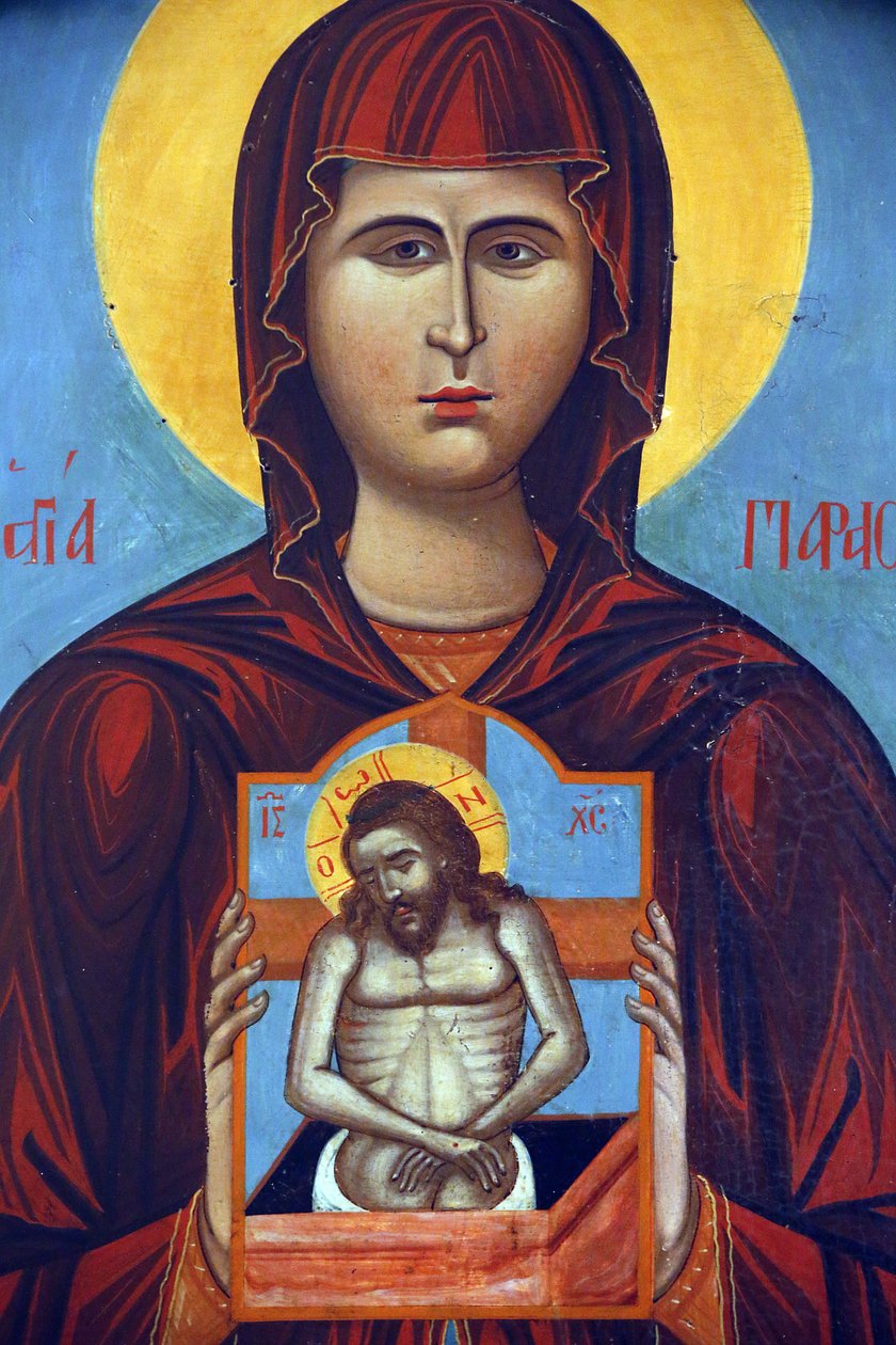 Ikona w Muzeum Bizantyńskim w Pedoulas: Św. Paraskevi trzymająca ikonę ukrzyżowania (1789), 20150510, Pedoulas, Cypr autorstwa Unbekannt