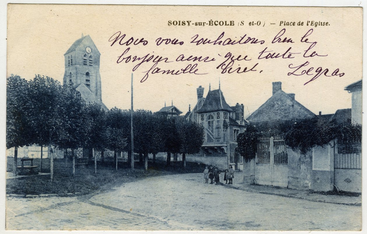 Ile de France, Essonne (91), Soisy sur Ecole (Soisy-sur-Ecole): Plac kościelny - pocztówka koniec XIX-początek XX wieku autorstwa Unbekannt