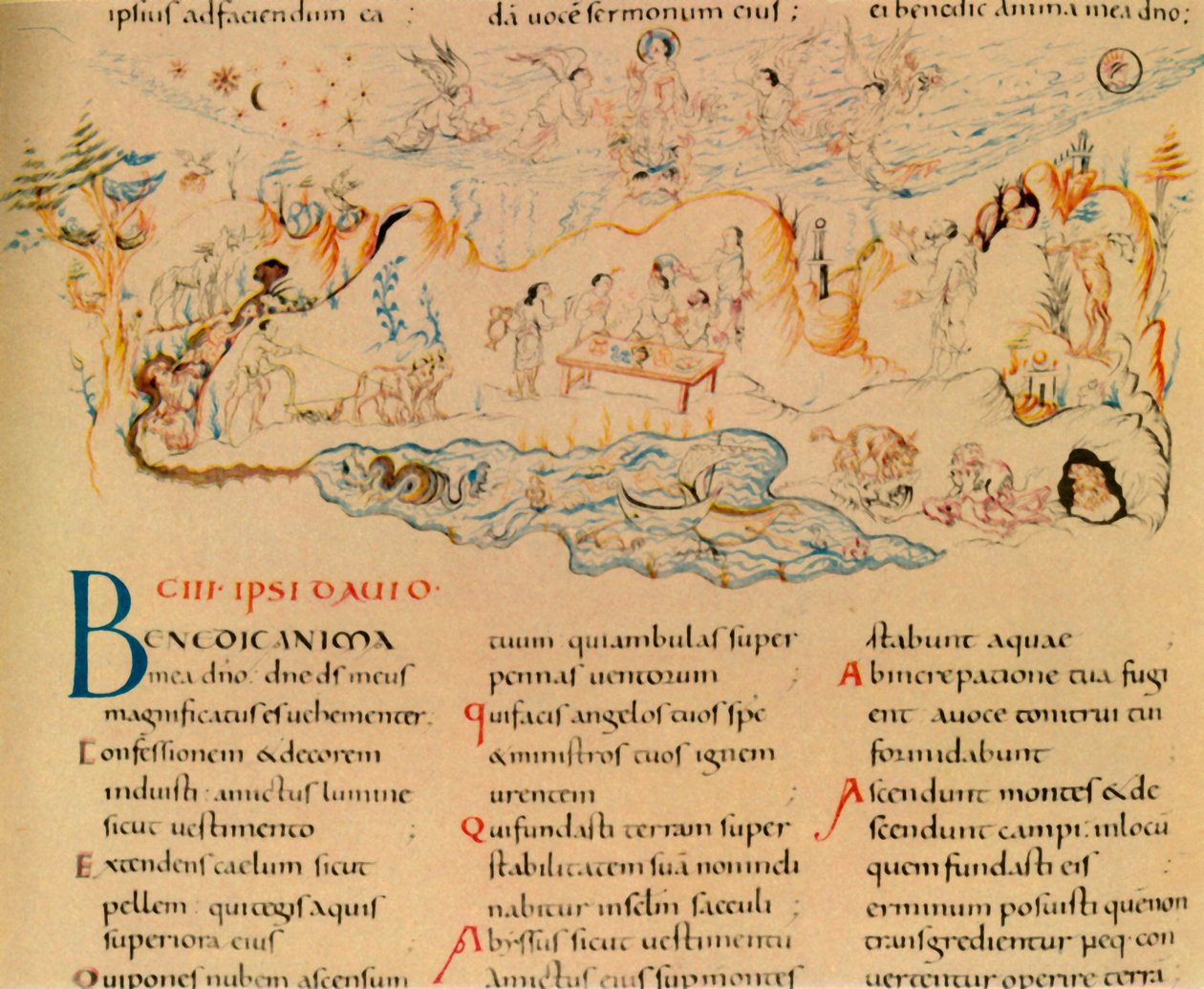 Ilustracja i fragment tekstu Psalmu 103, c1000-1050, 1947. autorstwa Unbekannt