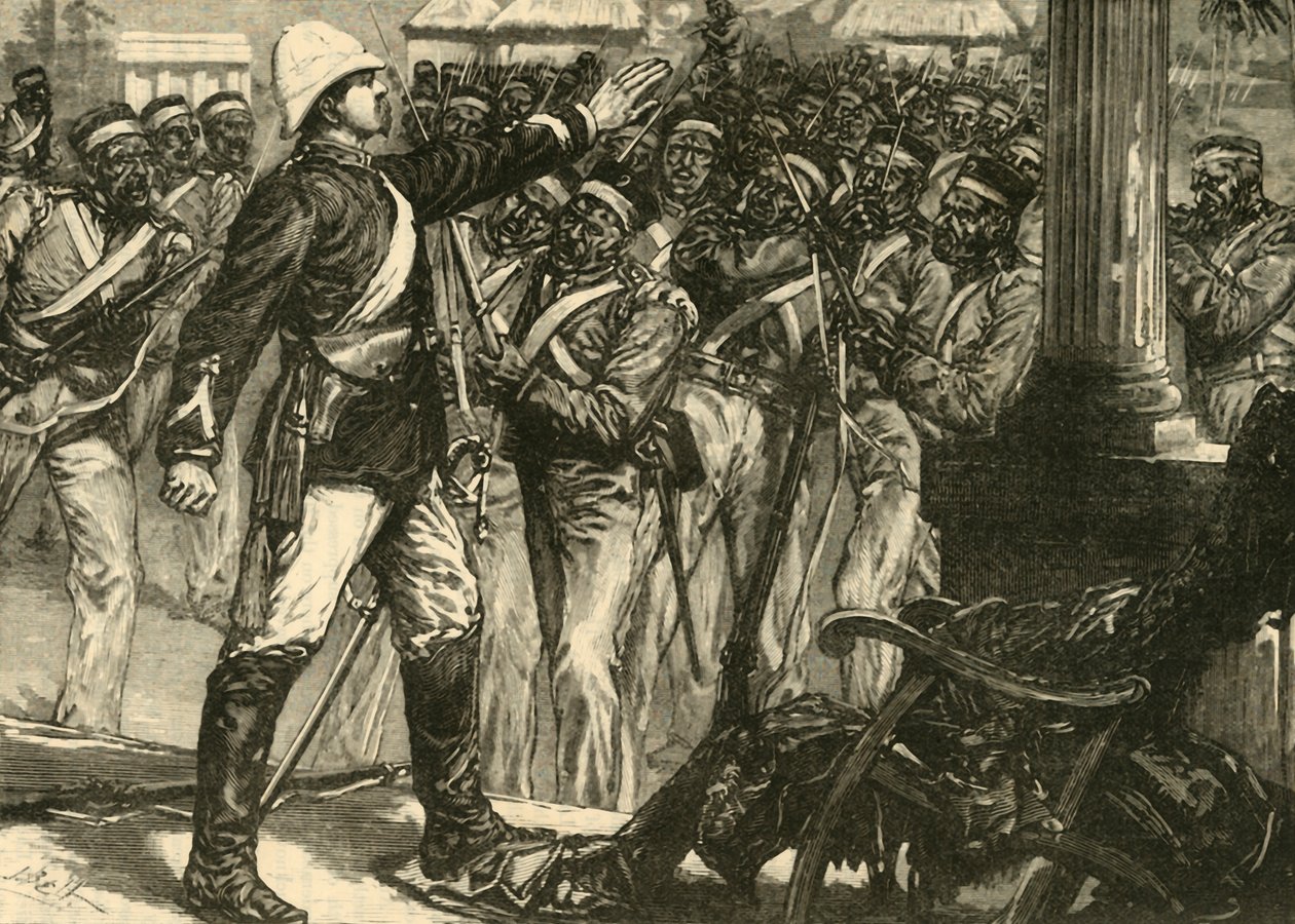 Incydent w buncie indyjskim: porucznik. De Kantzow uspokaja sipajów w Mynpooree, 1890. autorstwa Unbekannt