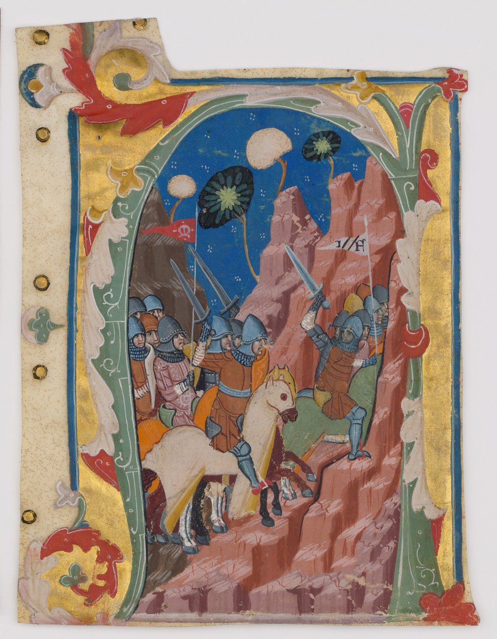Inicjał A z bitwą pod Machabeuszami, włoski, ca. 1360-70. autorstwa Unbekannt