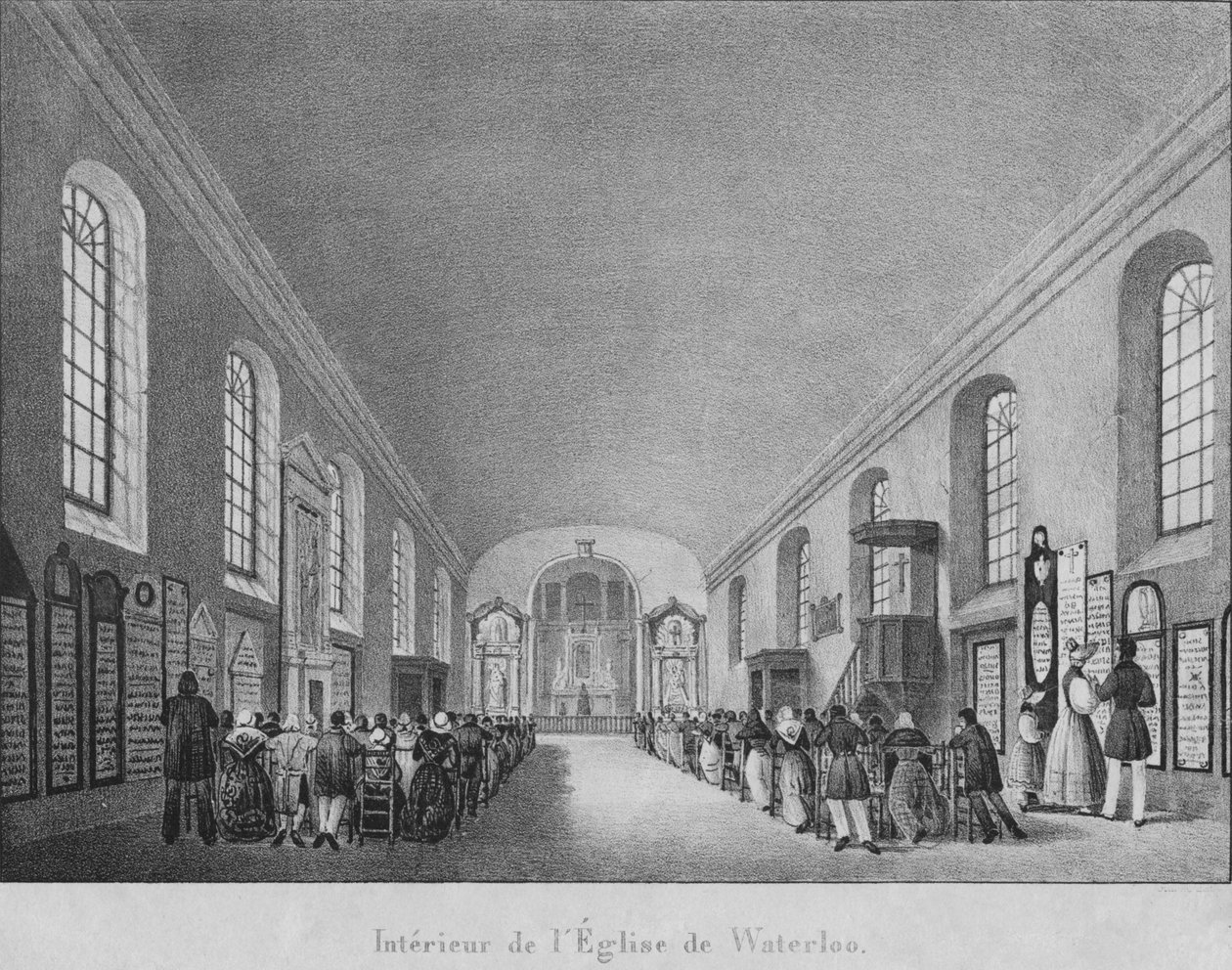 Wnętrze kościoła Eglise de Waterloo, ok. 1830 r. autorstwa Unbekannt