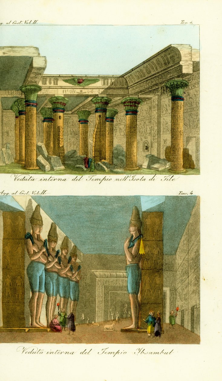 Wnętrze świątyni Izydy na wyspie Philae w Nubii oraz wnętrze Wielkiej Świątyni Ramzesa II w Abu Simbel (Ibsambuł), Nubia autorstwa Unbekannt