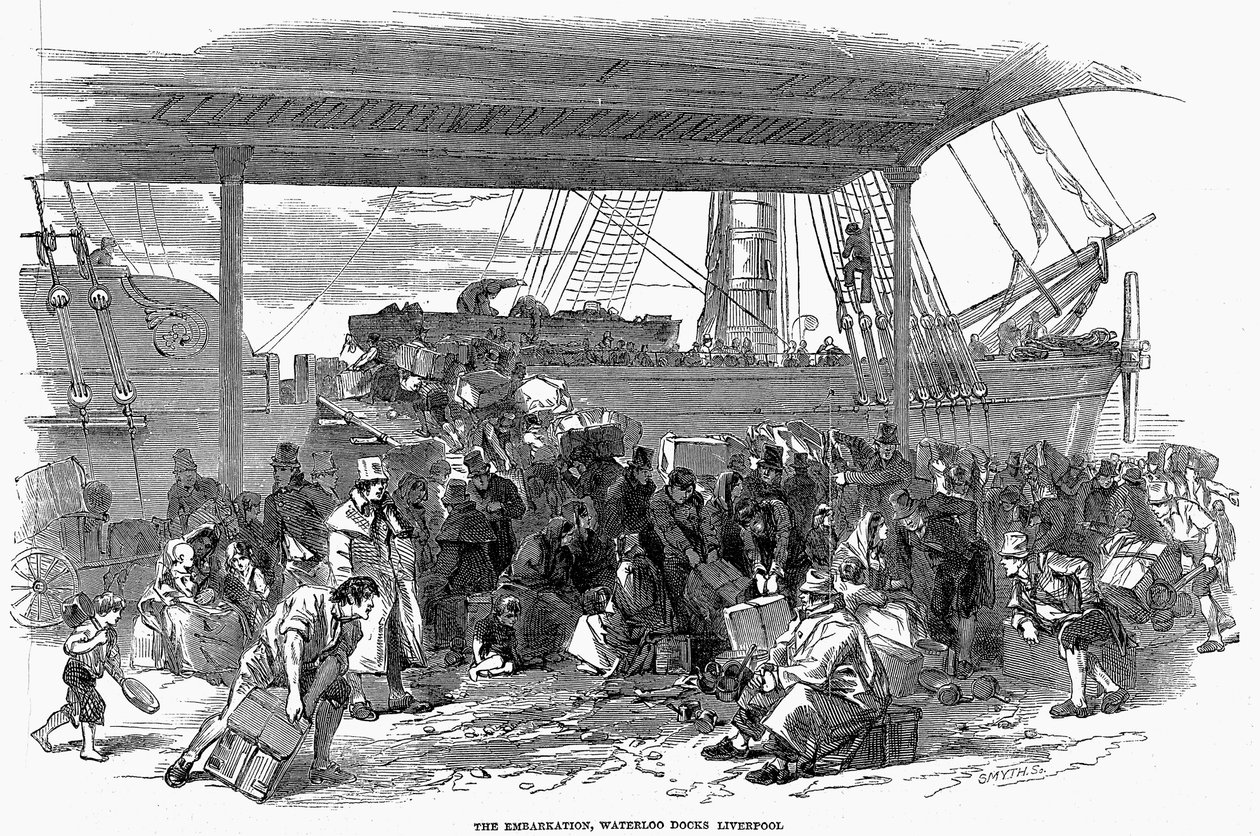Irlandzcy emigranci wyruszający do Ameryki w Waterloo Docks, Liverpool, 1850 autorstwa Unbekannt