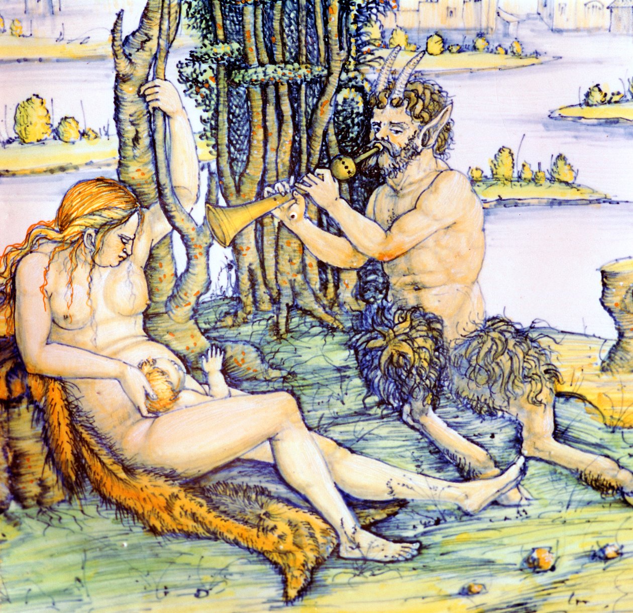 Talerz włoskiej ceramiki przedstawiający rodzinę satyrów po Durer autorstwa Unbekannt