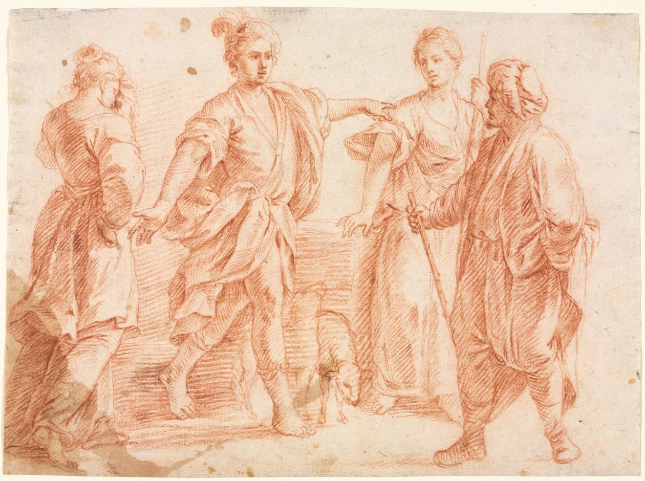 Jacob i Laban z Rachel i Leah recto Szkic dwóch mężczyzn... verso, 1600s. autorstwa Unbekannt