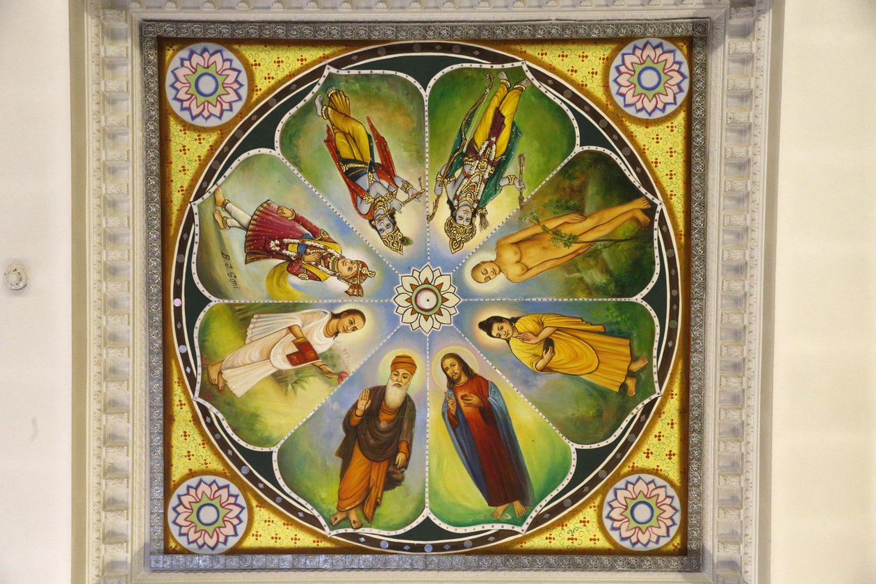 Hinduska świątynia Jalaram Prathana, Leicester. Dzieło sztuki sufitowej. Bogowie (w tym Jezus Chrystus). Zjednoczone Królestwo autorstwa Unbekannt