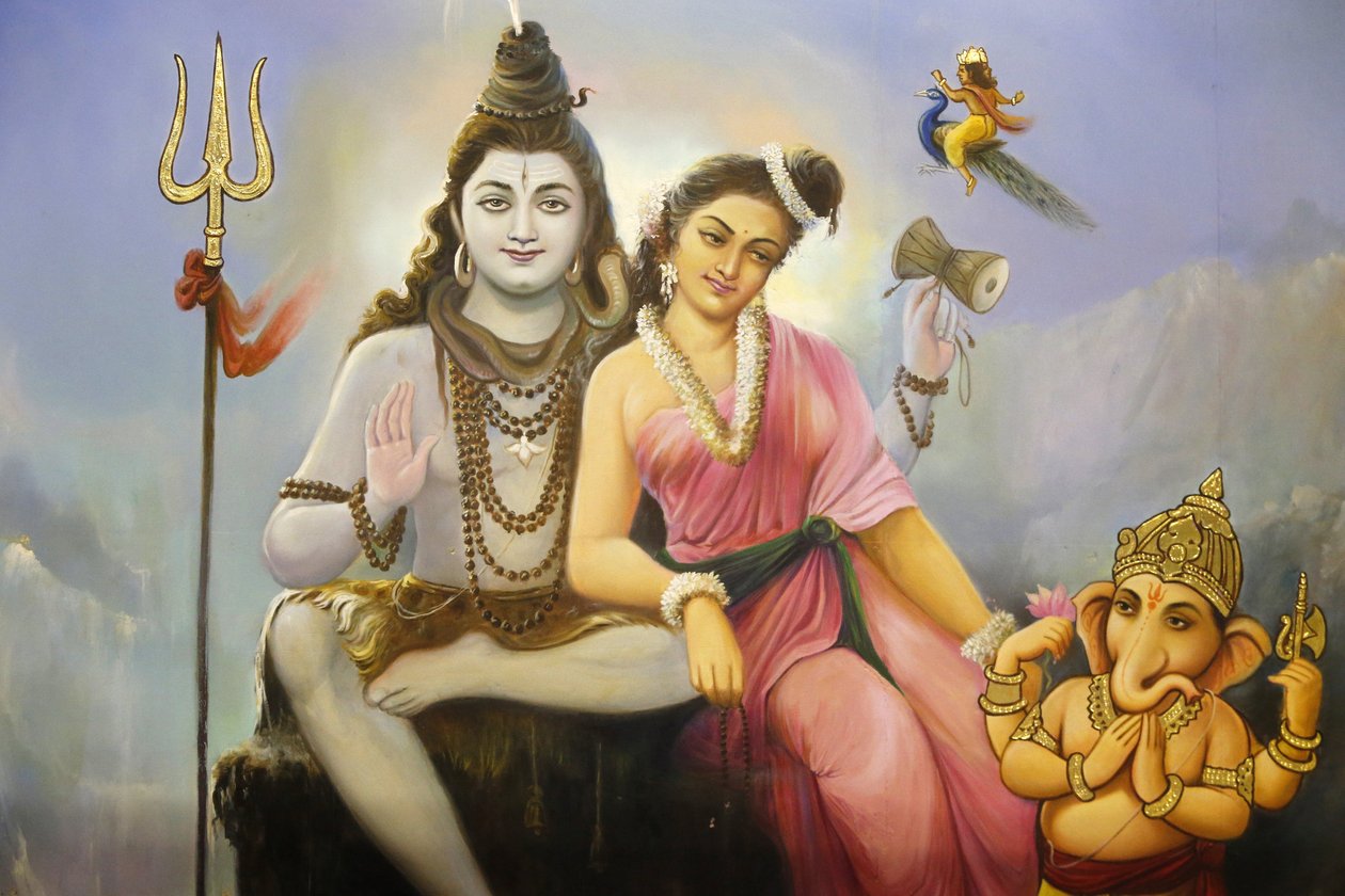 Hinduska świątynia Jalaram Pratna, Leicester. Fresk osadzający Shivę, Parvati i Ganesha. Zjednoczone Królestwo autorstwa Unbekannt