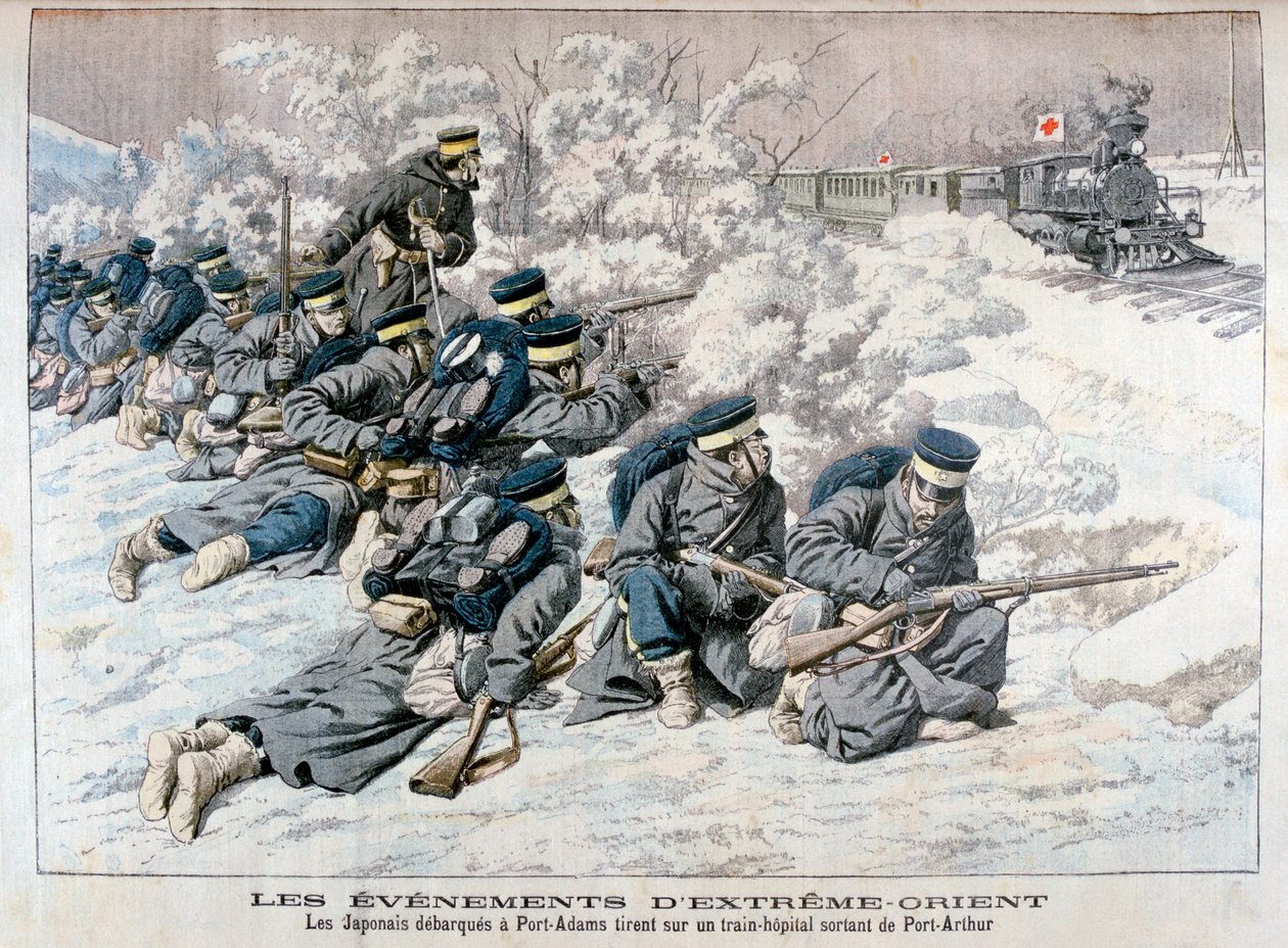 Japoński atak na pociąg szpitalny w pobliżu Port Arthur, Mandżuria, wojna rosyjsko-japońska, 1904 autorstwa Unbekannt