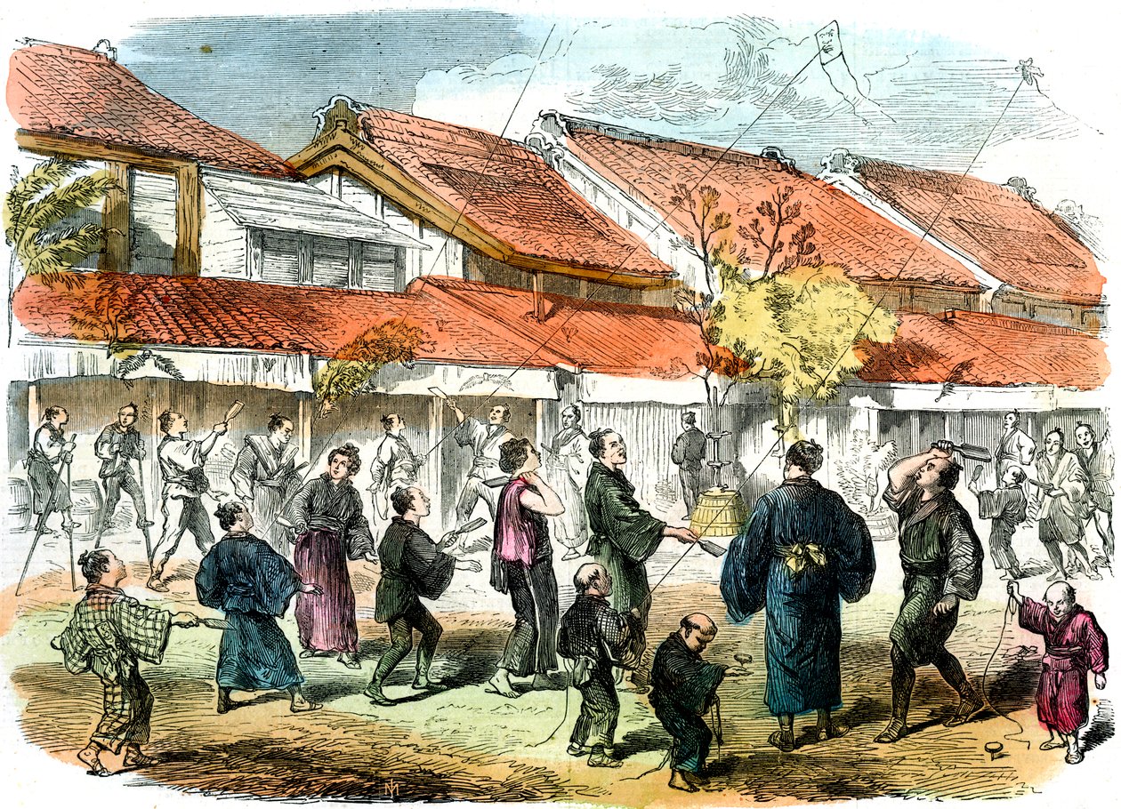 Japońska gra w battledore i lotki na ulicach Jokohamy, 1865 autorstwa Unbekannt
