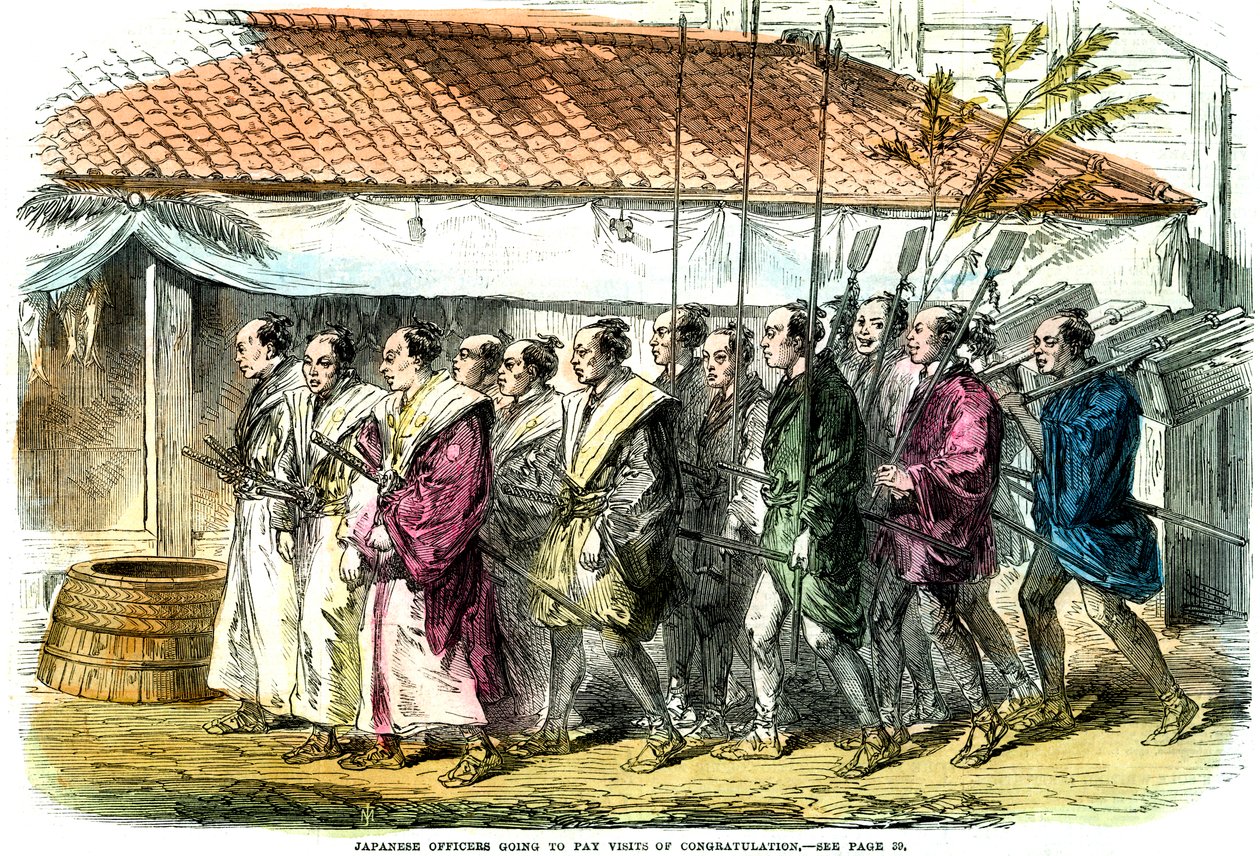 Japońscy oficerowie udają się z wizytami gratulacyjnymi, Japonia, 1865 autorstwa Unbekannt