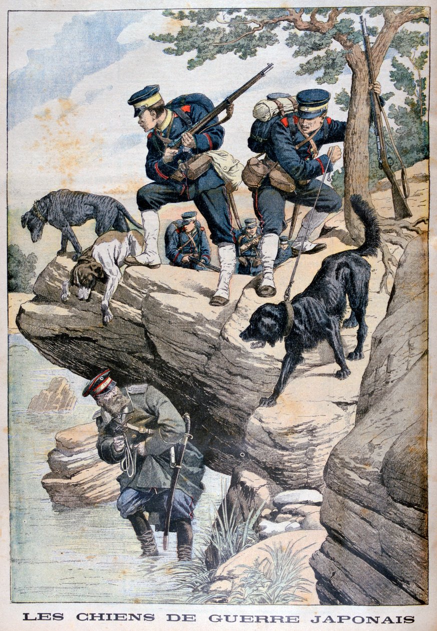 Japońscy żołnierze z psami odnajdują ukrywającego się Rosjanina, wojna rosyjsko-japońska, 1904 autorstwa Unbekannt