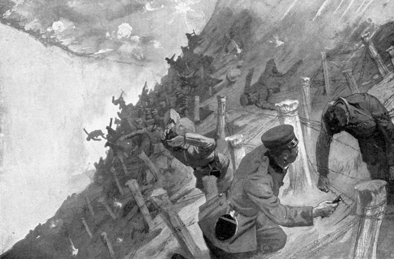 Wojska japońskie dokonały masakry przechodząc przez rosyjski drut kolczasty, wojna rosyjsko-japońska, 1904-5 autorstwa Unbekannt