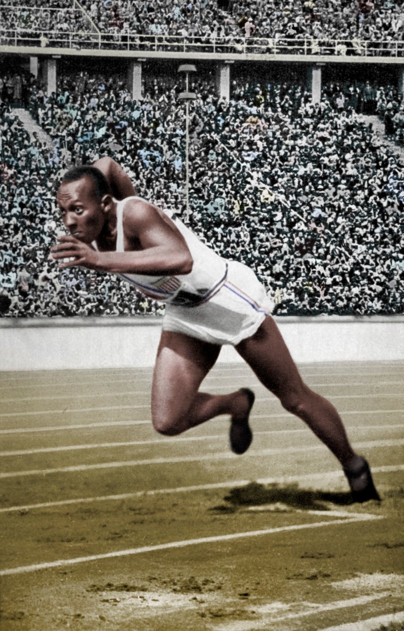 Jesse Owens na starcie 200 metrów na Igrzyskach Olimpijskich w Berlinie, 1936 autorstwa Unbekannt