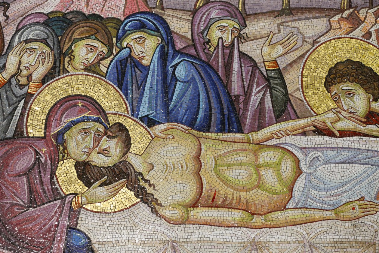 Jezus położył na nowym grobie Józefa z Arymatei, detal mozaiki przedstawiający pochówek Jezusa Chrystusa, Kościół Grobu Świętego, Jerozolima, Izrael autorstwa Unbekannt
