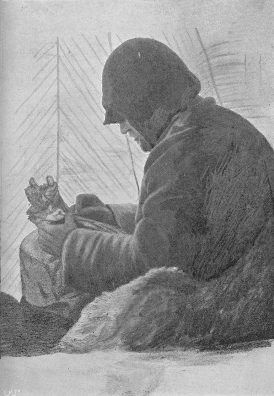 Johansen siedzący w śpiworze w chacie, c1893-1896, 1897 autorstwa Unbekannt