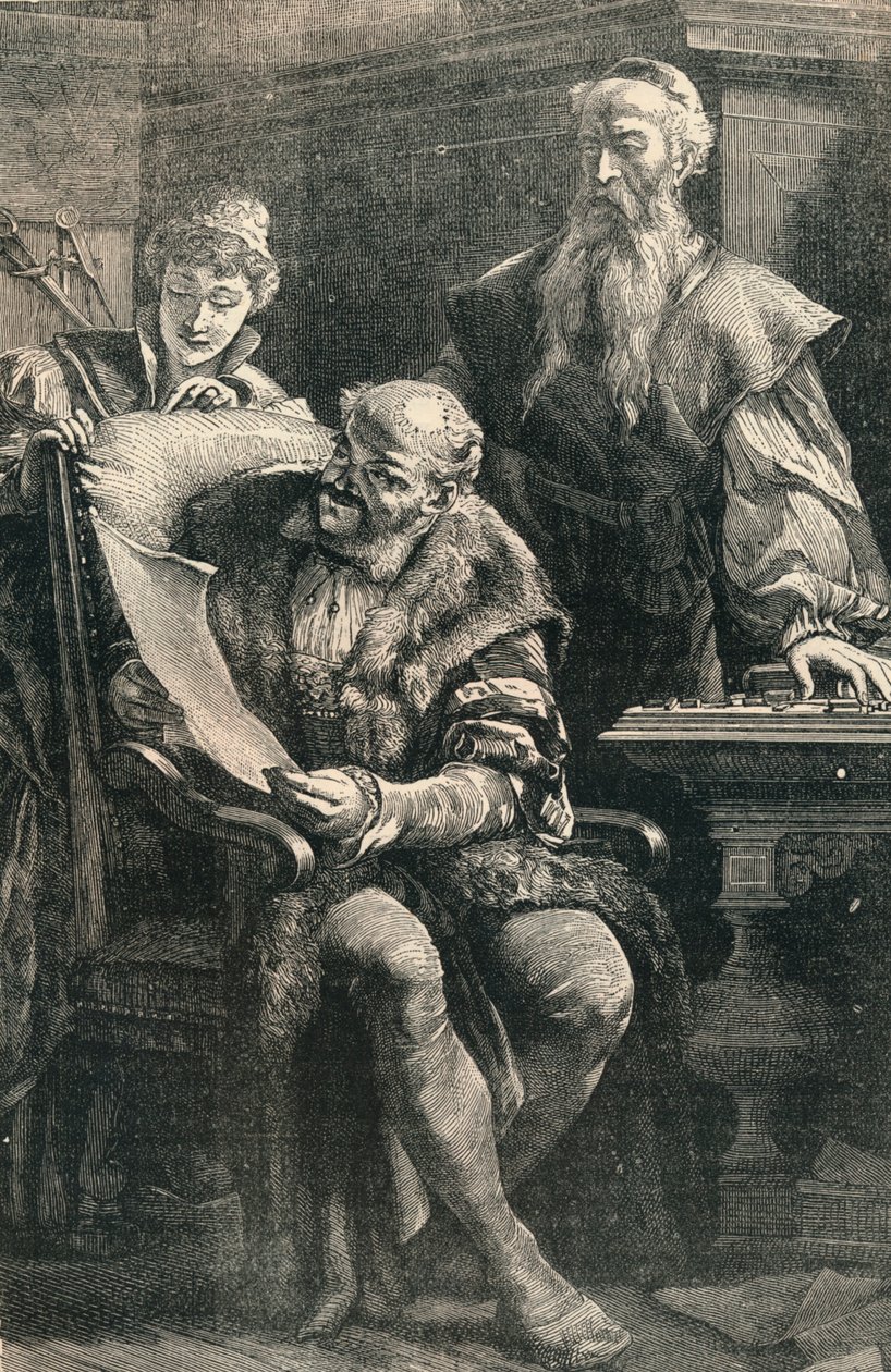 Jan Gutenberg pokazuje Faustowi część pierwszej drukowanej księgi, XIV w., ok. 1910 autorstwa Unbekannt