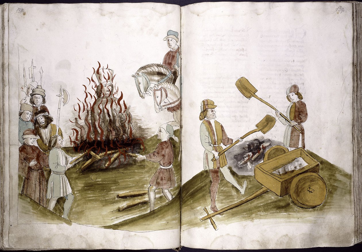 Jan Hus zostaje spalony na stosie 6 lipca 1415, a jego prochy wrzucane do Renu z: Ulrich Richental Chronicle of the Coun, 1414-1418 autorstwa Unbekannt