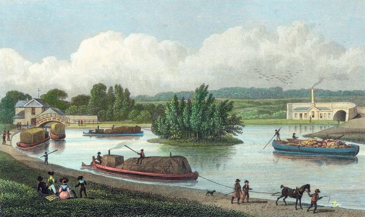 Junction of Regents Canal w Paddington Basin, Londyn, 1828 autorstwa Unbekannt