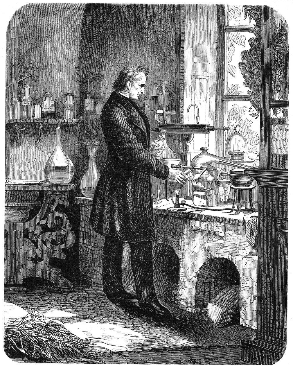 Justus von Liebig, niemiecki chemik, przy pracy w swoim laboratorium, połowa XIX wieku ok. 1885 r. autorstwa Unbekannt