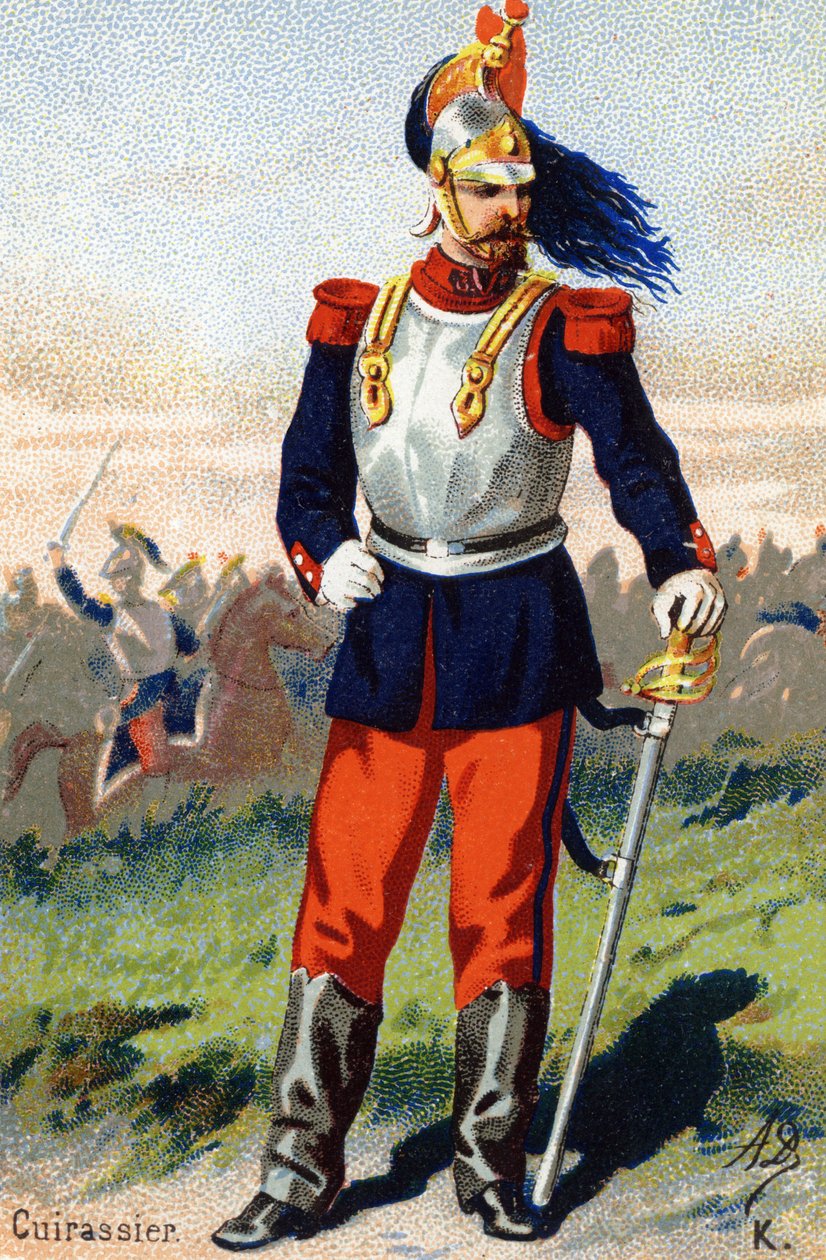 K: Kirasjer. Grawerowanie w „Alfabecie wojskowym”. Inicjały ilustratora: A. D. Wydawca nieznany. Chromolitografie z końca XIX wieku. Wymiary: 10,5x7cm . autorstwa Unbekannt