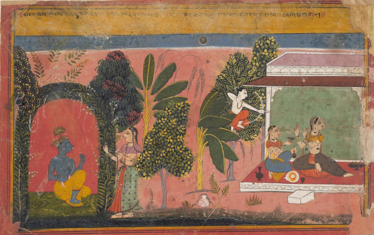 Kama celuje z łuku w Radhę: Strona z rozproszonej Gita Govinda Miłość do Kryszny, ca. 1695. autorstwa Unbekannt