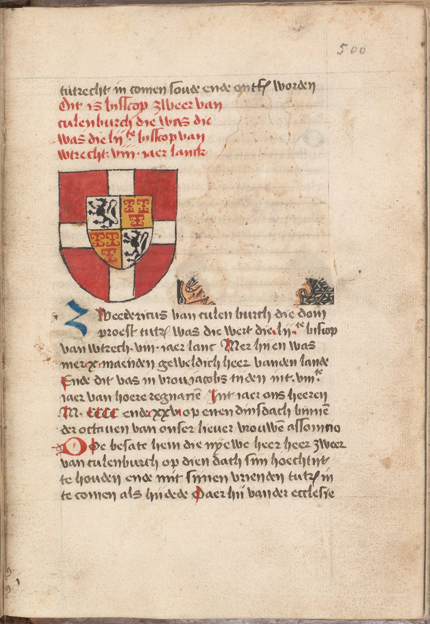 Kattendijkekroniek - Die history of die Cronicke van Hollant, van Zeelant ende van Vrieslant Ende van den stichte van Uutrecht Ende van veel landen die men hierna nomen sal - KB KW 1900 A 008, folium 500r autorstwa Unbekannt