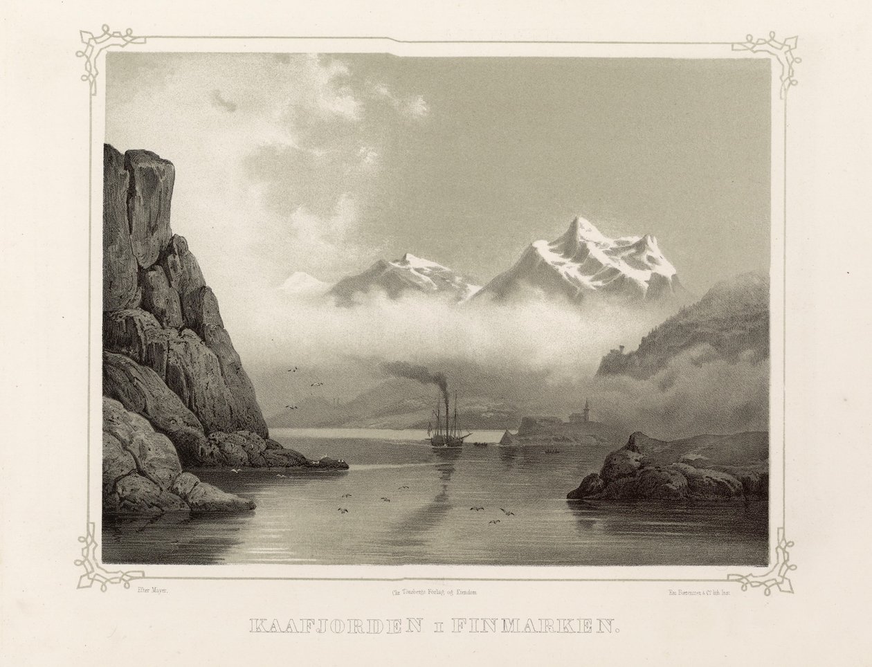 Kåfjord w Finmarku. Ilustracja zaczerpnięta z książki Norwegia reprezentowana przez rysunki Asbjørnsena, P.Chr. Opublikowane przez Chr. Tønsberg (Norwegia 1848) autorstwa Unbekannt